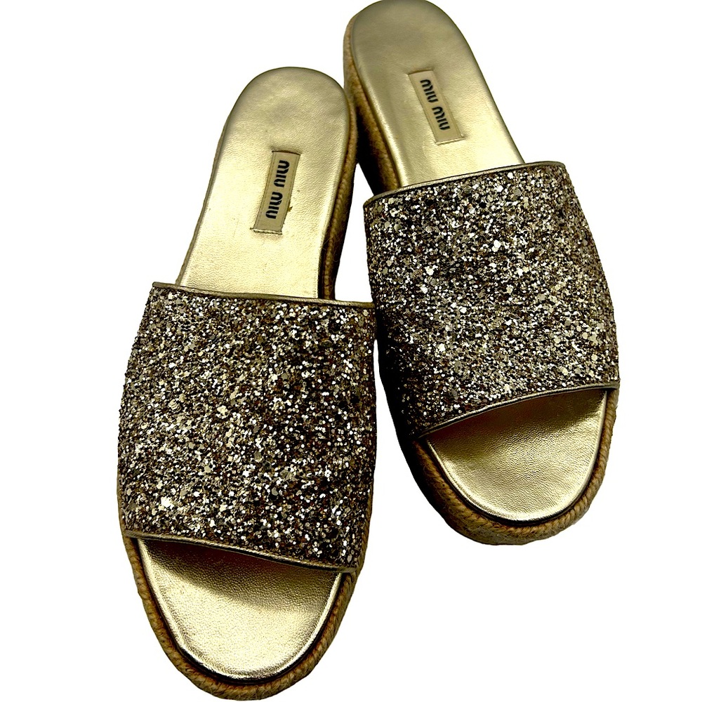 Miu Miu Gold Sparkle Espadrille Samdals!